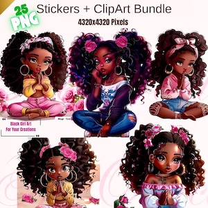 Pegatinas chibi de chica negra rezando, clipart afrocéntrico (PNG, GoodNotes)