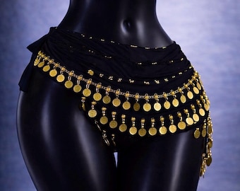 Pañuelo de cadera con monedas negras y doradas para danza del vientre con cascabeles, envoltura de danza egipcia, cadena de cintura para festivales, joyería de cadera tribal bohemia, envoltura de cintura con monedas