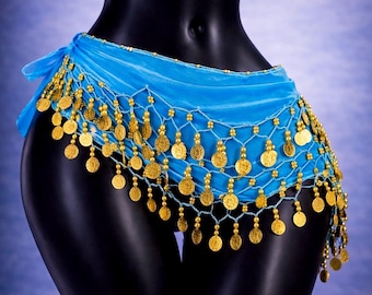 Pañuelo de cadera Aqua & Gold Coin para danza del vientre con cascabeles, envoltura de danza egipcia, cadena de cintura para festivales, joyería de cadera tribal bohemia, envoltura de cintura con monedas
