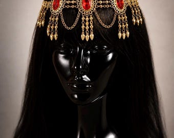 Catena per capelli con gemme rosse e dorate, gioiello per capelli con nappe, copricapo boho festival, accessori da sposa, copricapo per danza del ventre