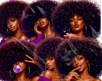Paquete de imágenes prediseñadas de mujeres negras afrocéntricas, arte afro PNG (descarga digital)