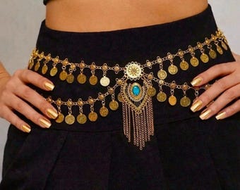 Cadena para el vientre estilo boho en oro y turquesa, cinturón de baile hecho a mano, cadena para la cintura con monedas de oro, joyería corporal para festivales, ropa de baile boho llamativa.