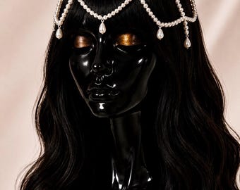 Vintage Pearl Waterdrop Headpiece Handmade Boho Beaded Hair Cap Faux Pearl Woven Hair Crown Bridal Head Chain Celestial Retro Pearl Headpiec