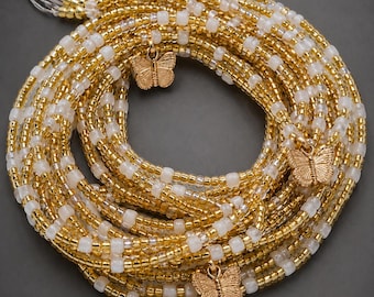 Gold & Diamond Waist Beads Butterfly Pearl Handmade Boho Belly Chain African Body Jewelry Waist Chain Boho Belly Beads Weight Loss Tracker