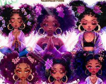 Paquete de imágenes prediseñadas de chica negra rezando, 25 imágenes afrocéntricas PNG (PNG, GoodNotes)