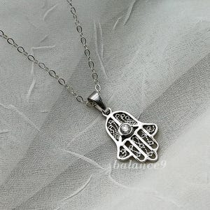 Sterling Silver Hamsa Necklace, Fatima hand pendant, Amulet jewelry gift