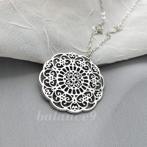 Filigree Coin Necklace, Long silver flower pattern disc pendant necklace, Mandala jewelry gift for her