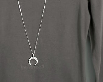 Silver Moon Necklace, Crescent moon pendant necklace, Long double horn moon jewelry, Gift for her, by balance9