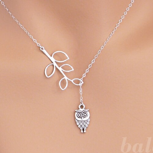 Owl Necklace Dainty Bird Necklace Leaf Branch Owl Lariat Etsy