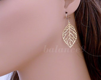 Filigree Leaf Earrings, Gold / Silver leaf dangle earrings, everyday jewelry, Gift for her, by balance9