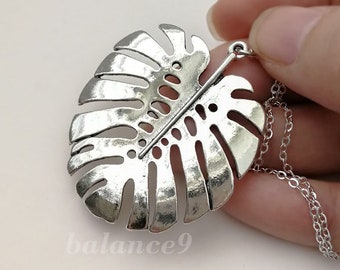 Monstera Leaf Necklace, Tropical leaf necklace, Silver monstera pendant, Jewelry gift for her, by balance9