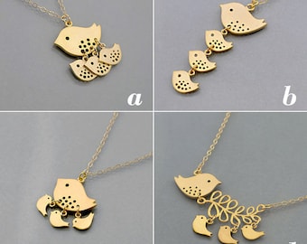 Bird Necklace, Mother & 1 2 3 kids necklace, Family Jewelry, gift for mom, Gold / Silver, by balance9