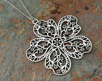 Large Flower Necklace, Filigree silver flower pendant long necklace, Jewelry gift for her, by balance9