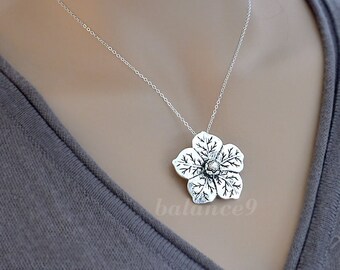 Silver Flower Necklace, Hibiscus flower pendant necklace, Jewelry gift for her