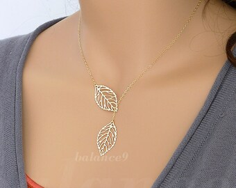 Double Leaf Necklace, Gold / Silver filigree leaf lariat necklace, Jewelry for her, by balance9