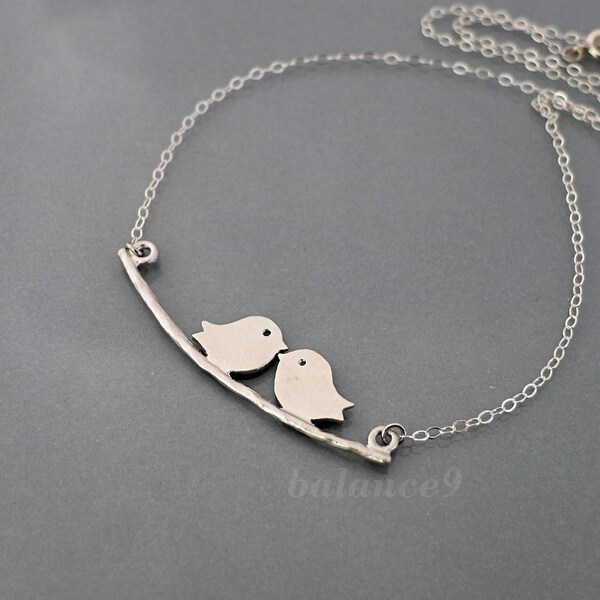 Love Bird Necklace, Silver / Gold kissing birds on branch necklace, Jewelry gift for her, by balance9