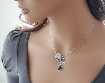 Crystal Leaf Necklace, Emerald green crystal pendant filigree leaf necklace, Jewelry gift for her