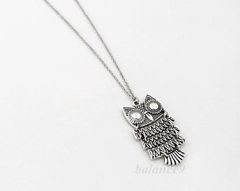 Owl Necklace, Silver owl pendant long necklace, Jewelry gift for her, by balance9
