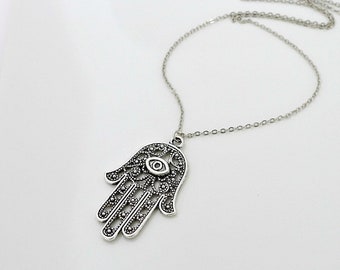 Hamsa Necklace, Silver hand of Fatima pendant necklace, protect amulet, Jewelry gift for her, by balance9