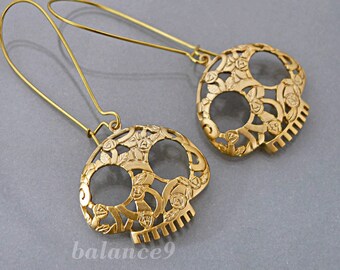 Skull Earrings, Gold / Silver sugar skull earrings, Long flower skull dangles, Halloween Jewelry gift, by balance9
