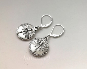 Dragonfly Earrings, Silver disc lever back dangle earrings, Jewelry for her, balance9