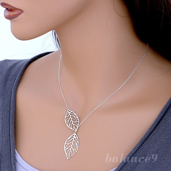 Silver Leaf Necklace, dainty filigree leaf lariat necklace, Jewelry gift for her, by balance9