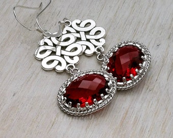 Red Crystal Earrings, Silver knot earrings, ruby red crystal dangle earrings,  Jewelry gift for her, Bridesmaids gift