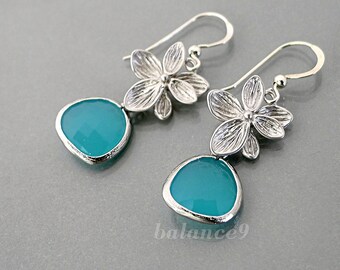 Azalea Flower Earrings, silver flower mint green crystal drop dangles, Jewelry gift for her