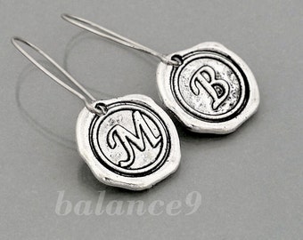 Wax Seal Earrings, Personalized initial disc earrings, Jewelry gift for her, by balance9