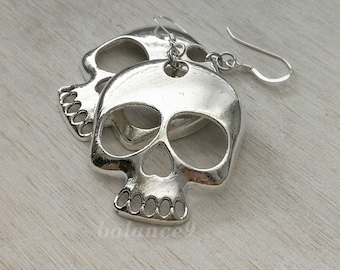 Minimalist Skull Earrings, Silver big skull dangle earrings, Jewelry gift for her, halloween gift