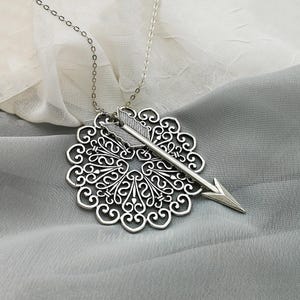 Flower Arrow Necklace, large arrow filigree mandala necklace, jewelry gift for her