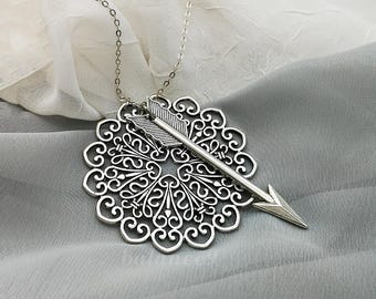 Flower Arrow Necklace, Large arrow and filigree mandala pendant, Jewelry gift