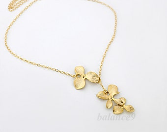 Orchid Flower Necklace, Gold / Silver flower lariat necklace, Jewelry gift for her, wedding bridesmaid gift
