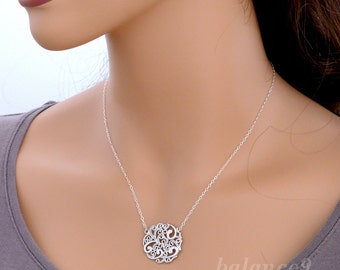 Collar de filigrana, collar de disco de plata, regalo de joyería para ella, colgante con dije de patrón de aerosol