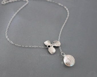 Orchid Pearl Necklace, Dainty flower freshwater white coin pearl lariat, Jewelry gift