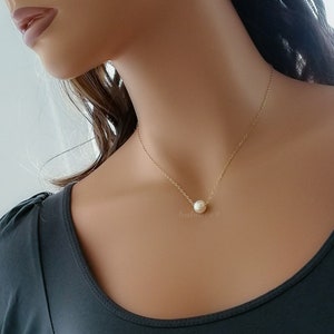 Enkele parelketting, drijvende parelketting, sieraden cadeau voor haar, sterlingzilver of 14k gold filled