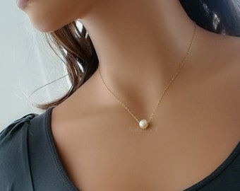 Collar de perlas individuales, collar de perlas flotantes, regalo de joyería para ella, plata de ley / relleno de oro, por balance9