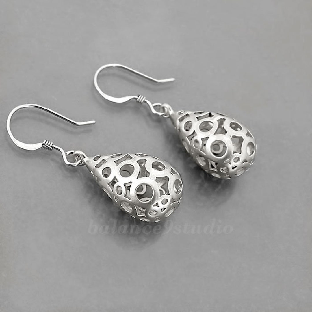 Silver Drop Earrings, Filigree Teardrop Dangle Earrings, Jewelry