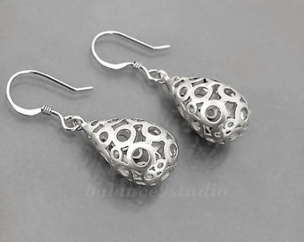 Silver drop earrings, Filigree teardrop dangle earrings, Jewelry gift for her, by balance9