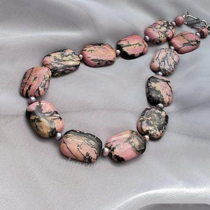Rhodonite Necklace, Beaded natural pink stone sterling sterling necklace, jewelry gift for her