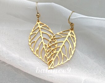 Leaf Dangle Earrings, Filigree lightweight gold or silver leaf drop earrings, jewelry gift for her