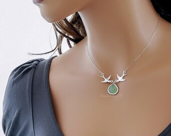 Silver Bird Necklace, Swallow green opal crystal necklace, Dainty love birds jewelry, Gift for her