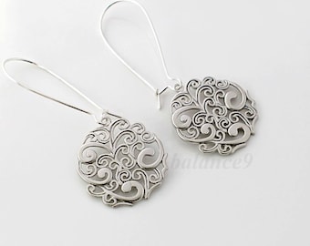 Silver Earrings, Filigree spray pattern disc long dangle earrings, jewelry gift for her,  bridesmaid wedding gift