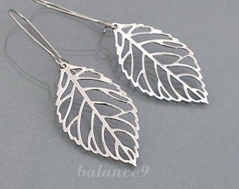 Silver Leaf Earrings, Long filigree leaf dangle earrings, Jewelry gift for her, by balance9