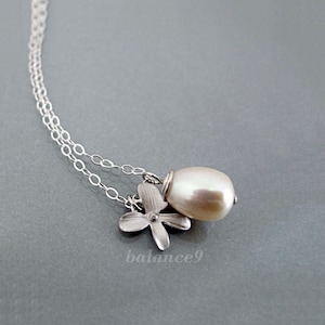 Flower Pearl Necklace, Small orchid freshwater pearl drop necklace in Silver or Gold, Jewelry gift