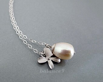 Flower Pearl Necklace, Small orchid and pearl drop pendant, Jewelry gift