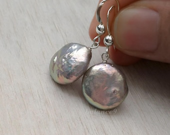 Coin Pearl Earrings, Silver gray freshwater pearl dangles, jewelry gift for her