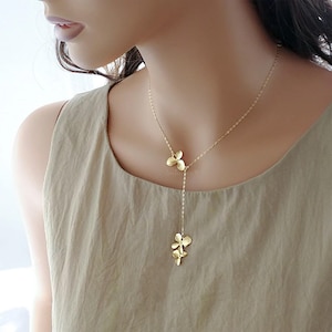 Orchid Flower Necklace, Dainty floral lariat, Jewelry gift for her, Wedding bridesmaid gift