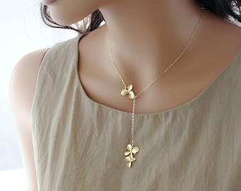 Orchid Flower Necklace, Dainty floral lariat, Jewelry gift