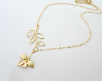 Orchid Flower Necklace, Gold / Silver dainty wild flower lariat necklace, Jewelry gift